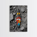 Tribal Feather, Painted Arrow, Rustic Stone Ground, Canvas Print, Boho Wall Art, Native Inspired Decor, Color Pop Rustic Style