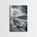 Mountain Lake Clouds, Serene Forest Reflection, Scenic Nature Photography, Framed Canvas Print, Bedroom Tranquility Wall Art