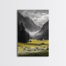 Yellow Meadow Valley, Foggy Mountain Scene, Serene Landscape Photography, Framed Canvas Print, Nature Lover Living Room Wall Art
