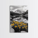 Yellow Wildflowers Lake, Alpine Meadow, Monochrome Landscape, Canvas Print, Kitchen Wall Art, Spring Nature Photography Decor