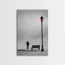 Red Street Lamp, Snowy Walkway, Silhouette Scene, Framed Canvas Print, Moody Wall Art, Minimalist Decor, Winter Vibes, Bedroom Accent