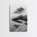 Red Bench, Misty Shore, Solitude Scene, Moody Fog Art, Framed Canvas Print, Minimalist Wall Art, Meditative Decor, Entryway Accent