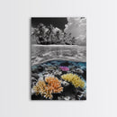 Island View, Coral Reef, Overwater Split Scene, Framed Canvas Print, Coastal Wall Art, Beach House Decor, Ocean Landscape Art