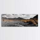 Desert Creek, Rugged Mountains, Golden Shrubs, Nature Path — Framed Canvas Print, Autumn Wall Decor, Rustic Office Art, Landscape Canvas