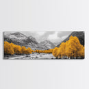 Golden Trees Trail, Snowy Peaks, Serene Landscape, Framed Canvas Print, Autumn Home Decor, Cozy Wall Art, Cabin Aesthetic