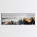 Orange Splash Rocks, Coastal Waves, Sea Spray Art, Canvas Print, Modern Beach Decor, Nature Wall Art, Bold Ocean Landscape