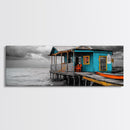 Rustic Shack, Ocean Pier, Stormy Skies, Tropical Retreat, Framed Canvas Print, Nautical Wall Art, Beach Cabin Decor, Lake House Style