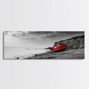Red Boat, Rocky Shore, Dramatic Sky, Abandoned Vessel, Framed Canvas Print, Nautical Living Room Art, Moody Coastal Home Decor