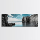 Serene Cove, Cliff Reflections, Blue Water, Coastal Escape, Framed Canvas Print, Tranquil Ocean Art, Bathroom or Spa Wall Decor