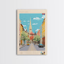 Novi Sad Serbia Travel Poster Framed Canvas Print, Midcentury Modern Art, Pop Art Wall Decor, Scenic Wall Art, Bedroom Decoration