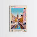 Tournai Belgium Travel Poster Framed Canvas Print, Midcentury Modern Art, Pop Art Wall Decor, Living Room Art, Scenic Wall Art