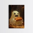 CHOMP! Cute Lil Ghost Eatin' a Dog, The Hot Dog Ghost, Haunted Hot Dog Thief, Framed Canvas Print, Halloween Art