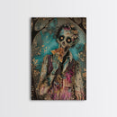 Halloween Zombie Eating Pizza, Framed Canvas Print, Wall Art, Living Room Decor, Spooky, Zombie Art, Original Painting, Home Decor