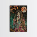 Ghostly Witch With Red Apple, Framed Canvas Print, Wall Art, Spooky Decor, Halloween Decoration, Living Room Art, Unique Gift