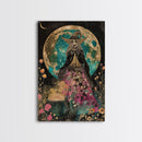Spooky Witch with Cauldron Under Full Moon Framed Canvas Print | Halloween Witch Art | Witch Decor for Home | Magical Halloween Artwork