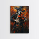 Skeleton Violinist Performing in Fiery Background | Halloween Wall Art | Spooky Home Decor Musician Skeleton Painting | Framed Canvas Print