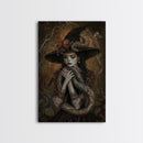 Mysterious Witch Holding Snake, Framed Canvas Print, Gothic Witch Art, Dark Fantasy Decor, Witch and Serpent, Halloween Accessories