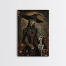 Gothic Witch with Elegant Dog, Framed Canvas Print, Dark Witch Art, Victorian Witch, Halloween Witch Decor, Gothic Home Decor