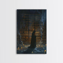 Hooded Figure in Library Halloween Art, Spooky Study, Haunted Library, Creepy Room, Gothic Reading, Framed Canvas Print