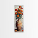 Orange Marigolds in Vase Painted on Textured Canvas, Tall and Narrow Framed Art, Botanical Art Print for Kitchen, Gallery Art, Moody Art