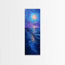 Vibrant Night Sky Over the Ocean with Full Moon, Skinny and Tall Art, Bold and Colorful Framed Canvas Print, Landscape Wall Art