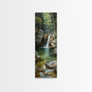 Framed Canvas Print Skinny Art of a Serene Waterfall Cascading into a Tranquil Pool in a Lush Forest Landscape, Perfect Tall Art for Nature Lovers