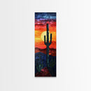 Desert Landscape with Saguaro Cactus Silhouette Against a Fiery Sunset on a Framed Canvas Print Skinny Art Piece