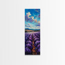 Framed Canvas Print of Wide Lavender Fields Under a Bright Sky Featuring Skinny Tall Art for Stunning Wall Decor in Home or Office