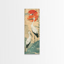 Tall Japanese Cranes Under a Vibrant Red Sun Ukiyo-e Art Skinny Framed Canvas Print Traditional Japanese Nature Scene