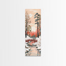 Serene Japanese Winter Landscape Highlighting A Red Bridge Snow-Covered Pines Under A Peaceful Sky Tall Framed Canvas Print Nature Scene
