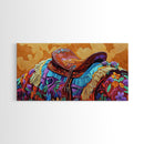 Western Saddle, cowboy art, rustic western decor, saddle painting, framed canvas print, boho art, extra wide art, gift idea him