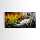 White Rabbit, whimsical art, forest at dusk painting, rustic wall art, farmhouse art, wildflower painting, Framed Canvas Print, cozy decor