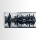Pine tree reflection, moody art, mountain painting, pine tree art, rustic decor, panoramic art, extra wide art, framed canvas print
