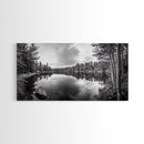 Lake reflection, pine tree art, landscape painting, wabi sabi art, rustic decor, panoramic painting, extra wide art, framed canvas print