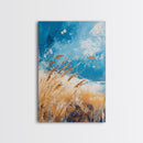 Wheat Field, blue sky, golden harvest, windy landscape, nature wall art, rustic decor, framed canvas print, farmhouse wall art