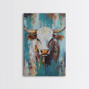 Rustic Cow Portrait, farmhouse art, rustic wall art, blue and green wall art, textured oil painting, canvas print, gift idea, wabi sabi art