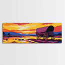 Wagon at Sunset, pink orange wall art, rustic decor, mountain painting, panoramic art, extra wide art, Framed Canvas Print, gift idea