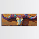 Painted Skull, bull and bear art, rustic decor, extra wide art, southwest wall art, pink orange wall art, framed canvas print