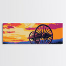 Sunset Wagon Wheel, pink orange wall art, bold color art, boho art, panoramic painting, extra wide art, framed canvas print, landscape painting