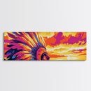 Sunset Warrior, bold colors, chicano art, moody art, pink orange wall art, framed canvas print, extra wide art, above sofa art