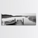 Boat On Dock, Nautical Wall Art, Framed Canvas Print, Coastal Landscape Art, Rustic Decor, Extra Wide Art, Minimalist Art, Bedroom Art