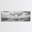 Longhorn Skull, skull art, western wall art, rustic decor, moody art, desert painting, farmhouse art, panoramic art, framed canvas print