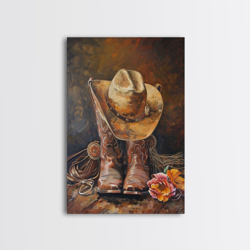 Cowboy Boots and Hat with Flowers Art Framed Canvas Print, Rustic Wa