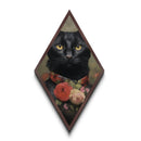 Elegant Black Cat Portrait with Roses Canvas Embossed Print, Diamond Shaped Art for Gothic Halloween Decor and Dark Academia Lovers