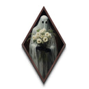 "Ghost with Flowers" Diamond Shaped Art Spirit Holding White Bouquet Canvas Art Print, Gothic Halloween Decor in Dark Academia Romantic Style