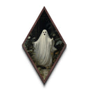 Canvas Embossed Print of a cheerful Halloween ghost among Victorian flora, a perfect gothic accent in diamond shaped art format