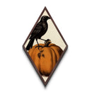 Illustrated crow perched on curling pumpkin Diamond Shaped Art Canvas Embossed Print with spooky autumn gothic Halloween flair