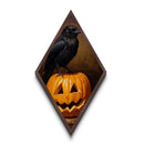 Midnight crow guarding carved pumpkin Canvas Art Print in Diamond Shaped Art with moody gothic ambiance and Halloween spirit