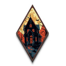 Gothic haunted house under full moon Canvas Embossed Print with Halloween bats and creepy trees in Diamond Shaped Art layout