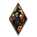 Skull-faced witch with jack-o-lantern and bats Canvas Art Print in dramatic gothic Halloween Diamond Shaped Art composition